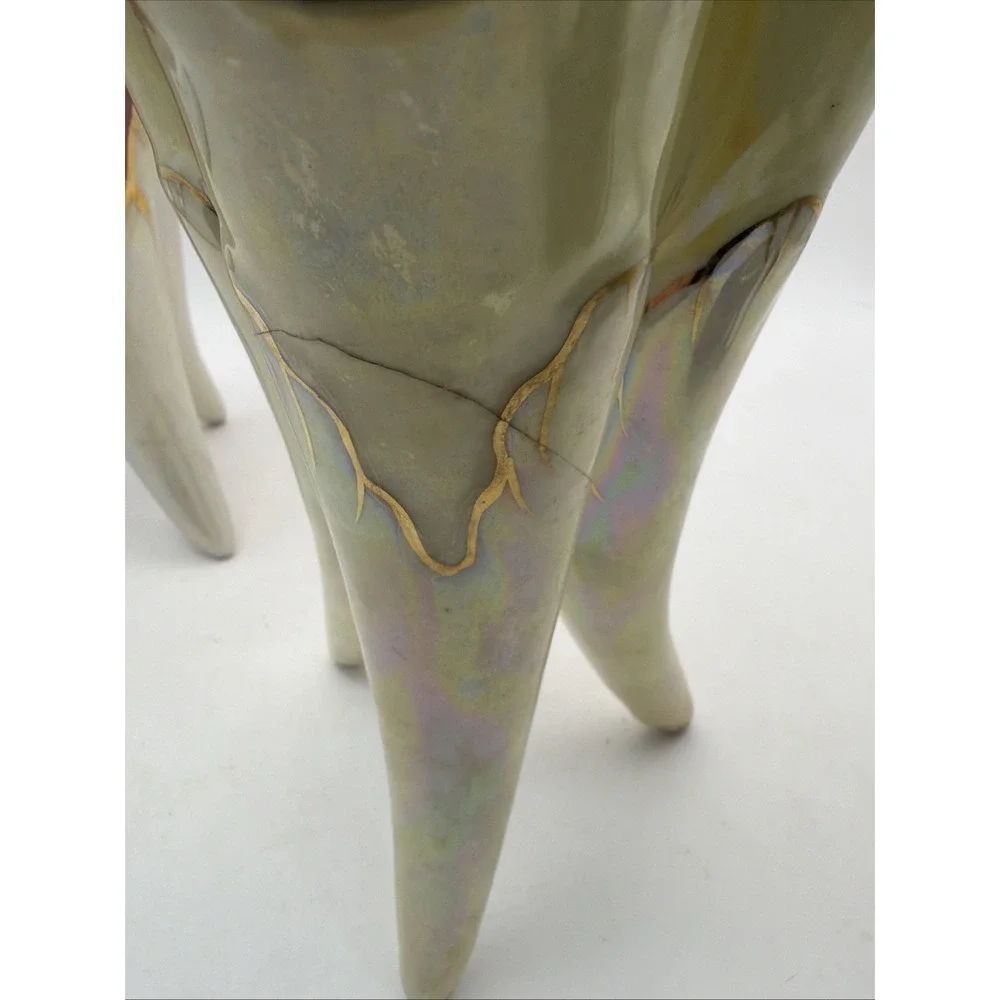 2 Japanese Lusterware 3 Horn Flower Vases Iridescent Purple Gold 6.5